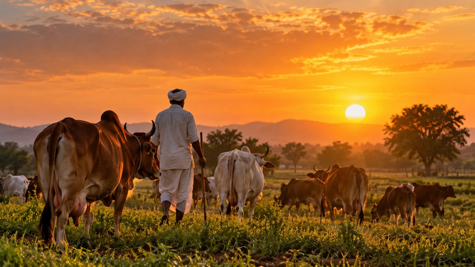 A herder walking with indigenous cattle at sunset
